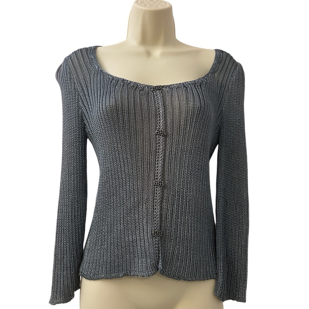 Gabriel.S. 100% Viscose Silver Women’s Knit Top Open Weave Design Button Front L